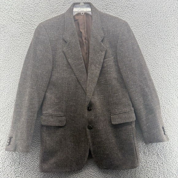 VINTAGE‎ Tweed Jacket Mens 42L Brown Herringbone Wool 2 Button Sport Coat Retro - Picture 1 of 16